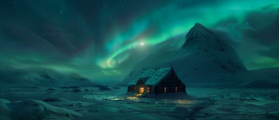 A small cabin in the middle of a snowy landscape with an aurora borealis. Generative AI.