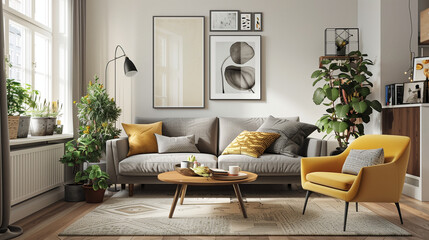 cozy living room with modern furniture and decor with grey sofa adorned with cushions, a yellow chair, a wooden coffee table, and various plants. Natural light streams through the window