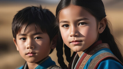 Portrait mongoloid children. Happy cute asian friends on rustic sunny ethnic background. Family love and relationship sibling concept - obrazy, fototapety, plakaty