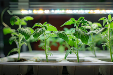 Tomato seedling under phytolamp for planting in soil