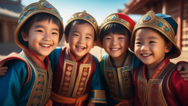 Portrait mongoloid children. Happy cute asian friends on rustic sunny ethnic background. Family love and relationship sibling concept