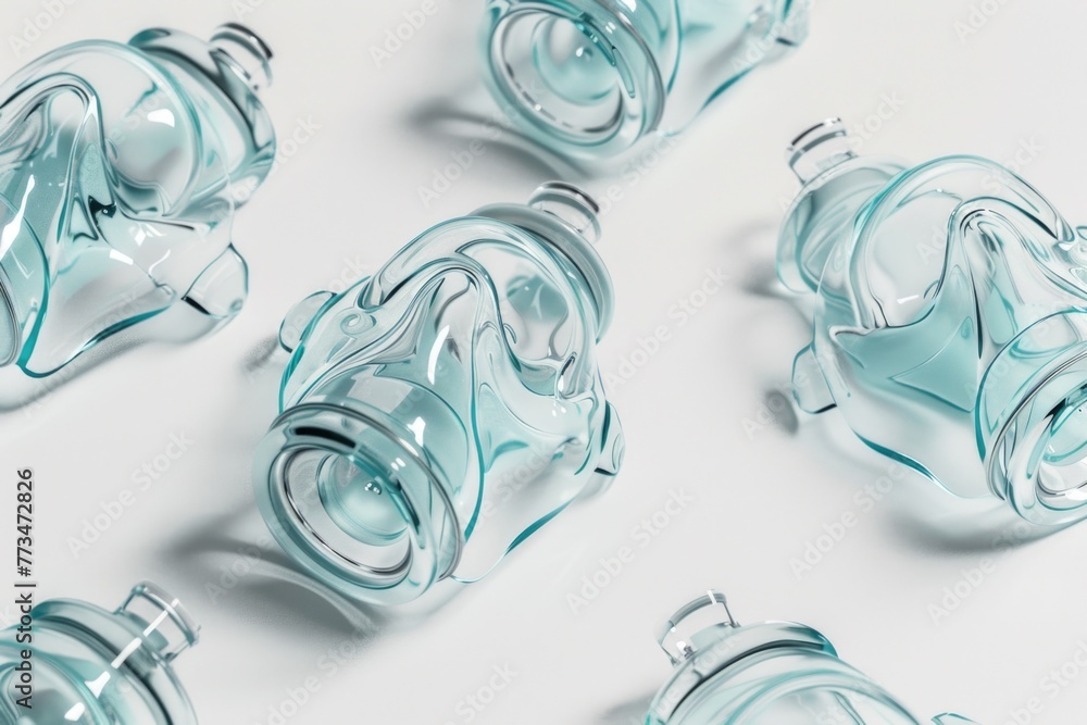 Poster Group of empty glass bottles on a clean white surface. Ideal for product display
