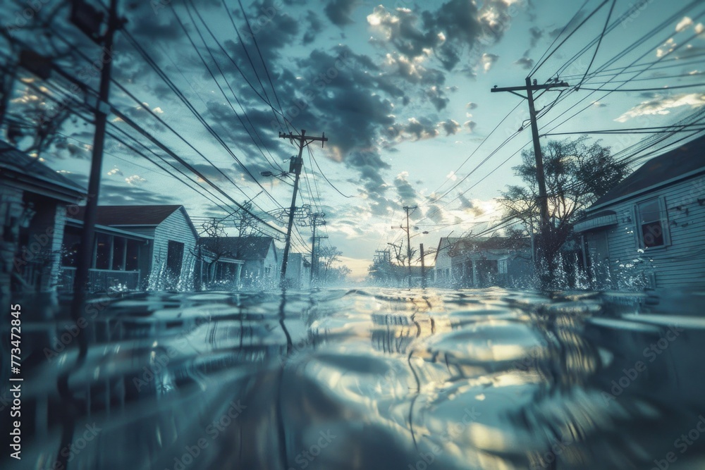 Poster a flooded street with power lines in the background. suitable for weather or natural disaster relate