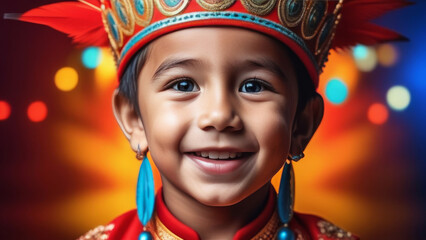 Cute mongoloid child portrait. ethnic asian kid boy on on colored pop art background
