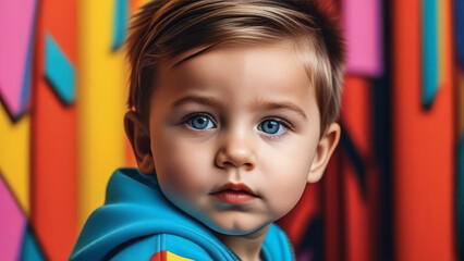 Cute mongoloid child portrait. ethnic asian kid boy on on colored pop art background