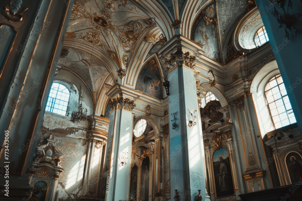 Poster a church with majestic columns and a vintage clock on the wall. ideal for religious themes and archi
