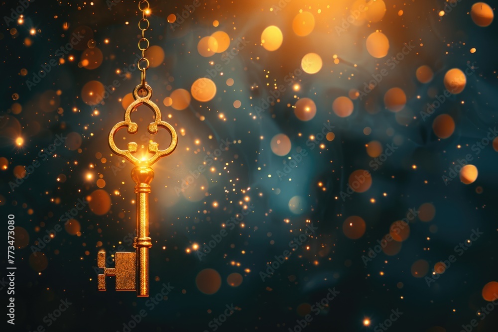 Poster A shiny golden key hanging from a chain. Ideal for security or access concepts