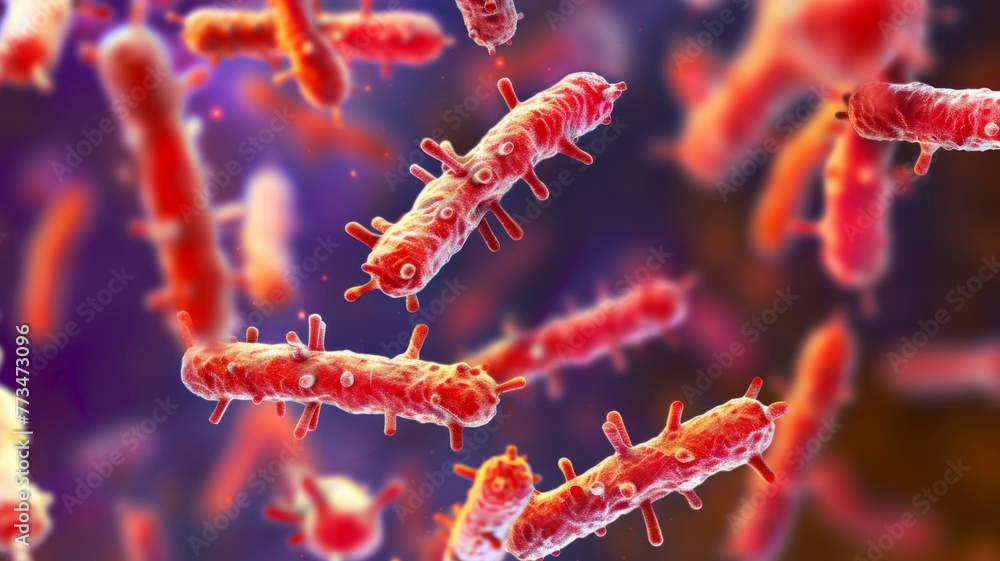 Poster close-up 3d image of bacilli bacteria with cilia - a 3d rendered close-up of bacilli bacteria, highl