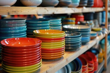 A vibrant display of various colorful plates, perfect for kitchen or dining concepts - obrazy, fototapety, plakaty