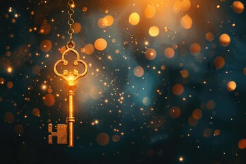 A shiny golden key hanging from a chain. Ideal for security or access concepts - obrazy, fototapety, plakaty
