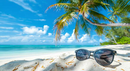 Sunglasses lying on a tropical sandy beach, in the background palm trees, sea and horizon with sky - theme vacation and travel