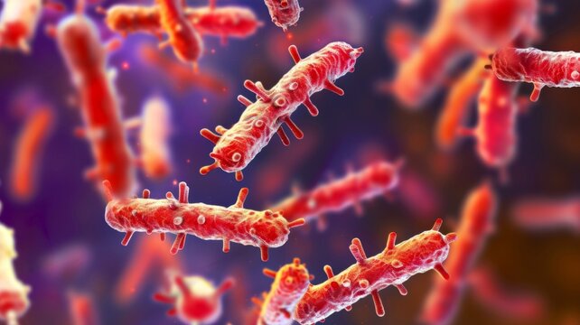Close-up 3D image of bacilli bacteria with cilia - A 3D rendered close-up of bacilli bacteria, highlighted by their cilia and set against a contrasting deep red backdrop