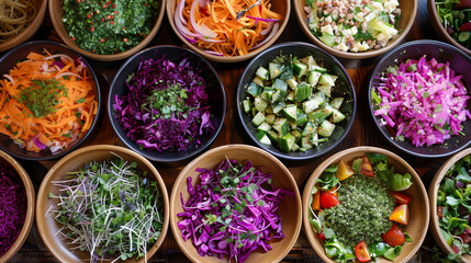 bowls filled with green leafy salads, creamy dressed salads with herbs, vibrant shredded red cabbage, chunky tomato, pickled beetroot slices, and shredded white cabbage mixed with greens - obrazy, fototapety, plakaty