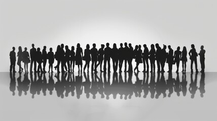 Silhouette of a crowd of people on reflective surface - A descriptive visual of numerous silhouetted figures on a reflective surface, symbolizing unity and cooperation