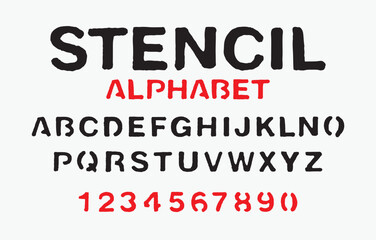 set of letters of the latin alphabet. Font stencil with black and red paint - 773473289