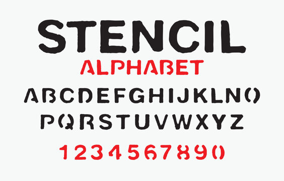 set of letters of the latin alphabet. Font stencil with black and red paint