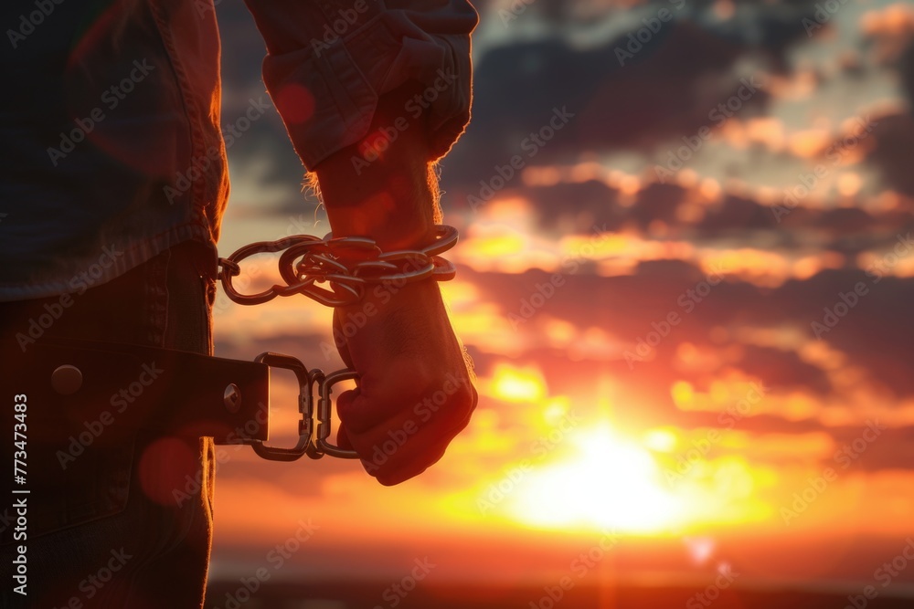 Poster a person holding a chain with a beautiful sunset in the background. suitable for various concepts an
