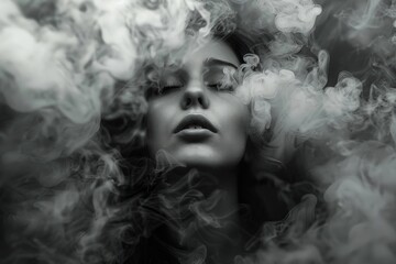 Monochrome woman with smoke - A high-contrast black and white image captures a woman's face enveloped in swirling smoke, evoking mystique