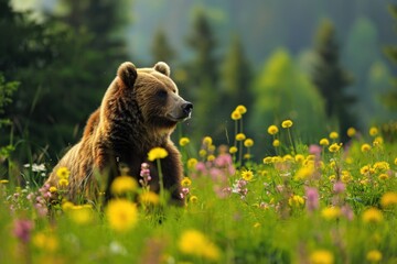 A peaceful brown bear sitting amongst colorful flowers. Suitable for nature and wildlife concepts - Powered by Adobe