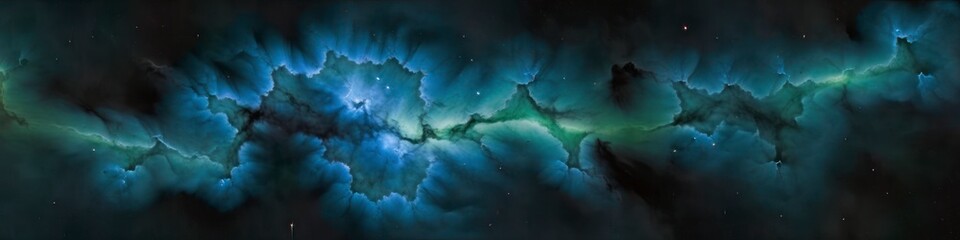 Abstract surrealistic illustration of galactic nebula in green colors. Background for banner, poster, website header, space for text. - obrazy, fototapety, plakaty