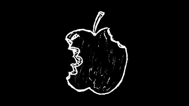 White wiggly hand drawn biting into apple fruit outline overlay animation