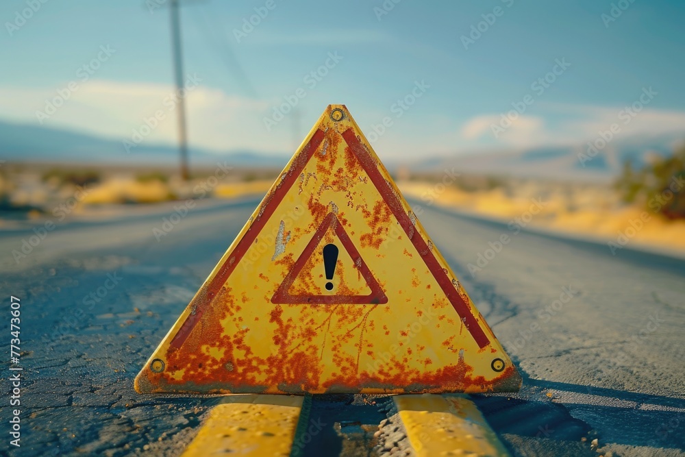 Poster a yellow triangular road sign on the side of a road. suitable for traffic and transportation concept