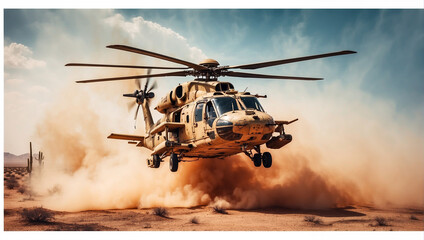 generic military chopper crosses fire and smoke - obrazy, fototapety, plakaty