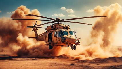 generic military chopper crosses fire and smoke - obrazy, fototapety, plakaty