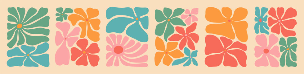 Fototapeta premium Colorful retro flower illustration set. Vintage style hippie floral clipart element design collection. Hand drawn nature collage, spring season drawing bundle with daisy flowers.
