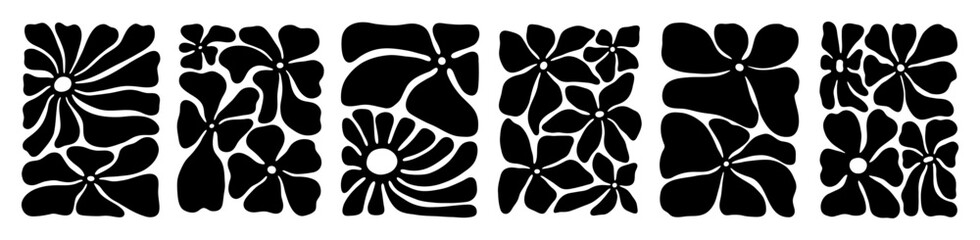 Black and white retro flower illustration set. Vintage style hippie floral clipart element design collection. Hand drawn nature collage, spring season drawing bundle with daisy flowers. - obrazy, fototapety, plakaty