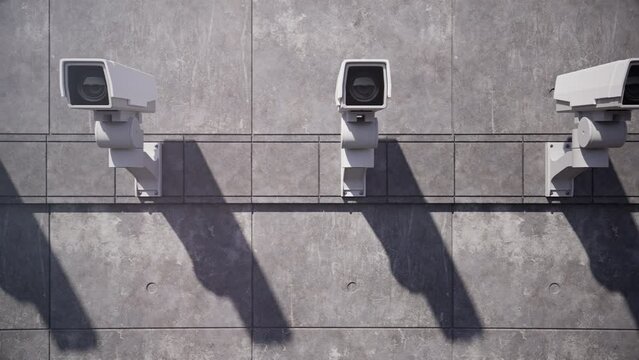 CCTV security cameras on a concrete wall in a steady, right-to-left pan, showcasing modern surveillance. Seamlessly loopable Ultra HD 4K 3840x2160 CG Animation