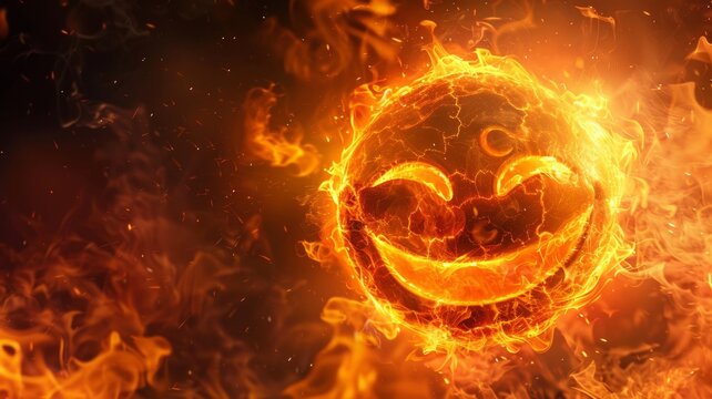 Emotive fiery smiley face encapsulated in flames - A powerful visual of a smiley face engulfed in flames, depicting contrasting emotions of joy and intensity