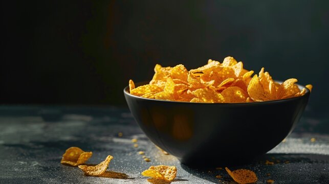 A simple image of a bowl of corn flakes on a table. Perfect for breakfast concept