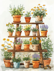 Fototapeta premium flower pots with ornamental indoor plants on the shelf. clipart, flat illustration