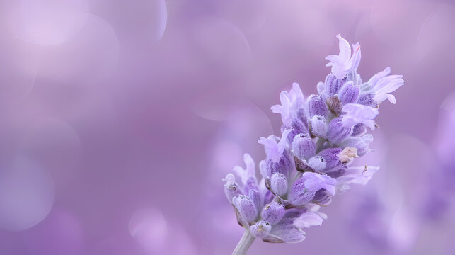 A purple flower with a purple stem is the main focus of the image. The flower is surrounded by a blurry background, which gives the impression of a dreamy, ethereal atmosphere