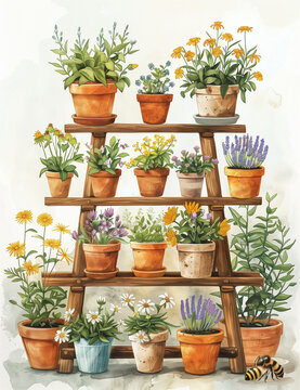 flower pots with ornamental indoor plants on the shelf. clipart, flat illustration