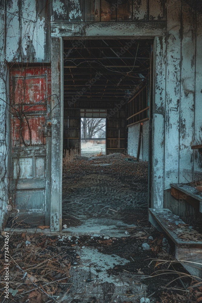 Poster an open door in a run-down building. suitable for urban exploration themes
