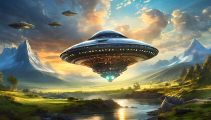 Space alien flying saucer concept illustration.