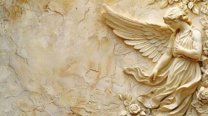 A serene angel statue on a textured stone wall. Ideal for religious and architectural themes