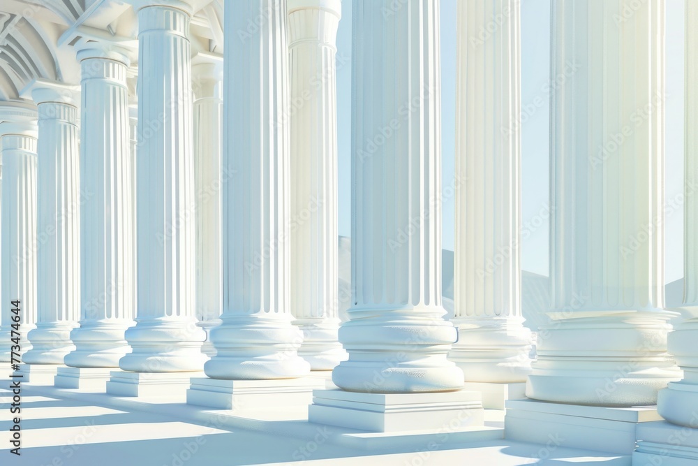 Poster a row of white columns against a clear blue sky background. perfect for architectural and outdoor de