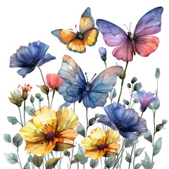 Blue Flowers and Butterflies Painting