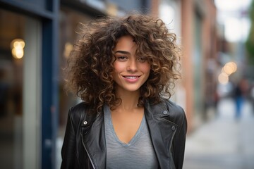 A woman with curly hair is smiling and wearing a black leather jacket