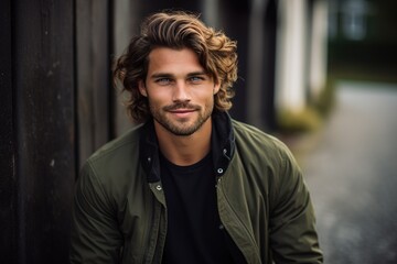 Obraz premium A man with long hair is smiling and wearing a green jacket