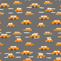 Seamless pattern with cute car on color background. Cartoot transport. Vector illustration. Doodle style. Design for baby print, invitation, poster, card, fabric, textile