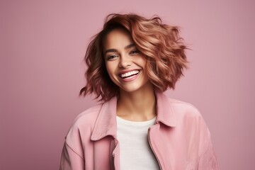 Fototapeta premium A woman with pink hair is smiling and wearing a pink jacket