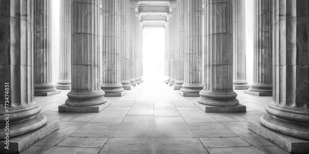 Poster a black and white photo of a hallway with columns, suitable for architectural projects