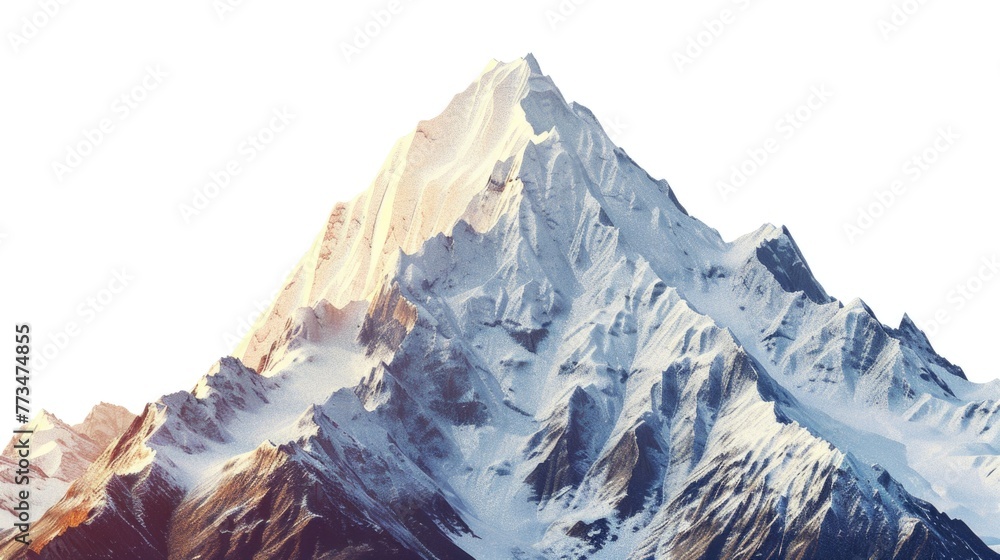 Poster a scenic view of a snow covered mountain with a plane flying overhead. suitable for travel and aviat