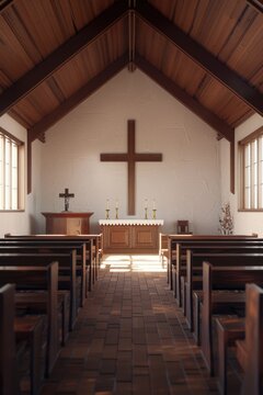 A serene image of an empty church interior with a cross on the wall. Ideal for religious or spiritual themes