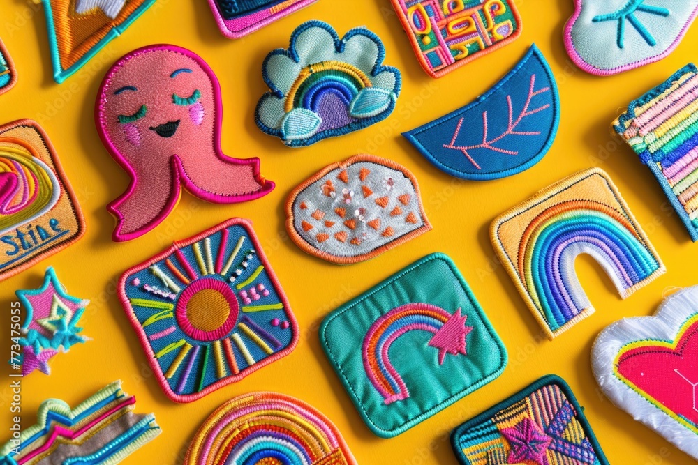 Poster A collection of patches on a bright yellow surface. Suitable for various design projects