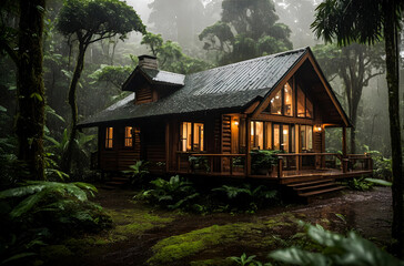Fototapeta na wymiar Capture a cozy cabin nestled among towering trees in a lush rainforest, with raindrops gently falling, creating a serene atmosphere. 